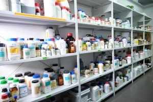 Madrid, Spain. June 1, 2021: Chemical storage room in a research laboratory.